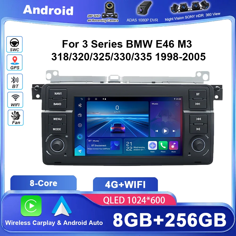 

7-дюймовый автомобильный Android-радио стерео для 3 серии BMW E46 M3 318/320/325/330/335 1998-2005 гг. Автоматический мультимедийный плеер GPS Carplay NO 2DIN