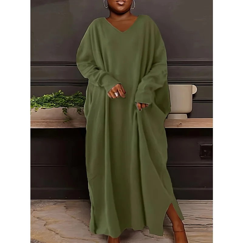 

Casual Dress Robe Solid Color V Neck Long Sleeve Basic Loose Everyday Dress