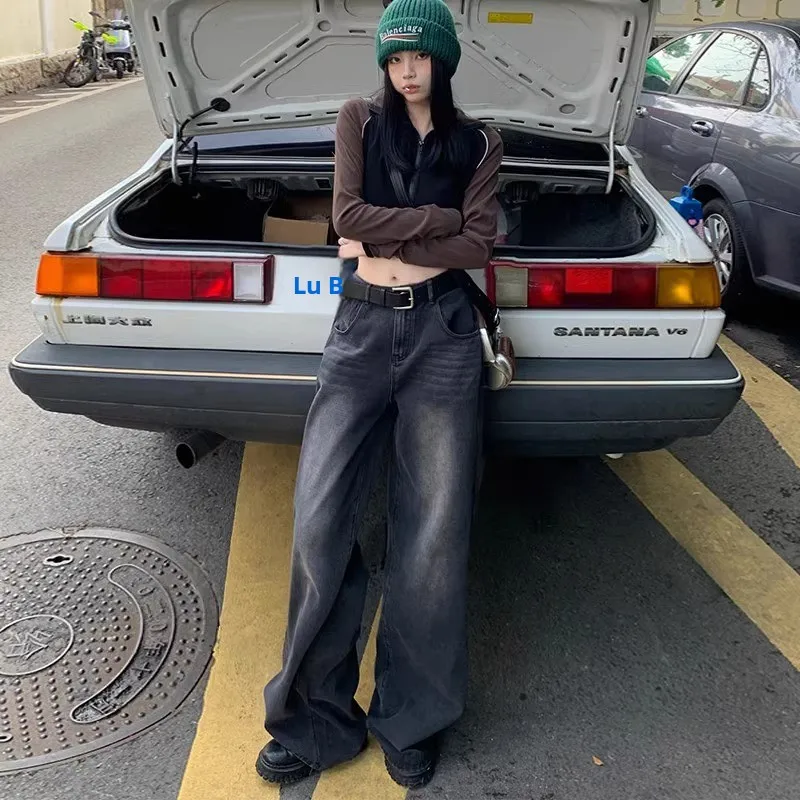 بنطلون جينز ريترو أمريكي مبطن بأرجل واسعة من قماش الدنيم بخصر عالٍ وفضفاض بطول الأرض وقص مستقيم للنساء #3