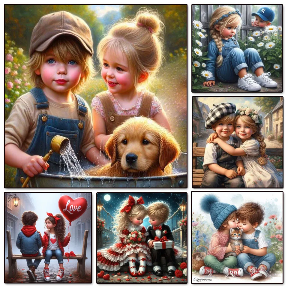 Sweet Couple 5d DIY Full Diamond Painting Cute Girl And Boy Dog Cat New Diamond Mosaic Embroidery For Birthday Gift Room Decor