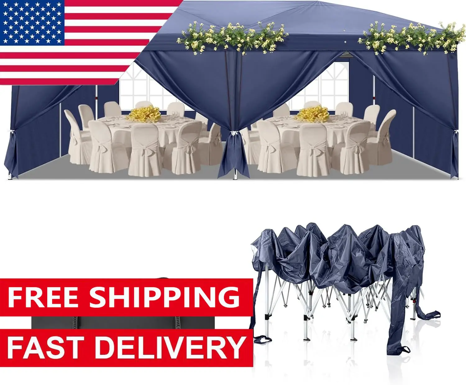 10x20ft Pop Up Canopy with 6 SideWalls, Ez Set-up Portable Instant Canopy Tent for Outdoor Events, Party, Wedding, (Blue)