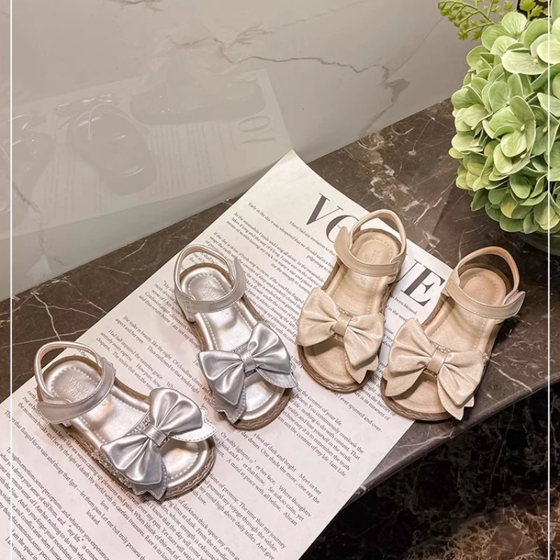New Children's Sandals Summer Bowknot Girls Princess Causal Shoes Fashion Kids Soft Bottom Beach Flat Sandals Open-toe Versatile