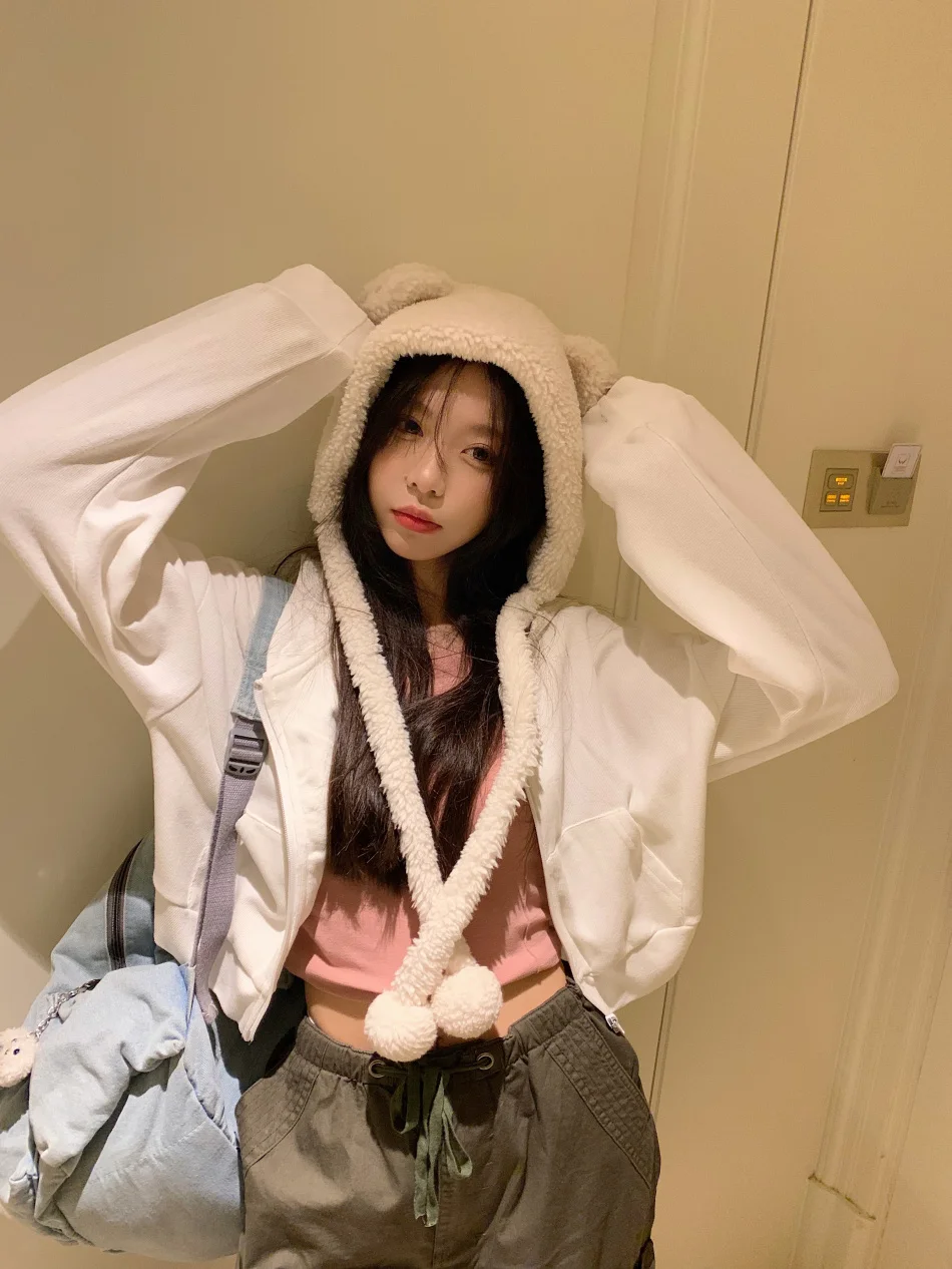 4-colors Cropped Hoodies Women New Arrival Lazy Style Ulzzang Streetwear with Hat Sporty Students Casual Korean Fashion Popular