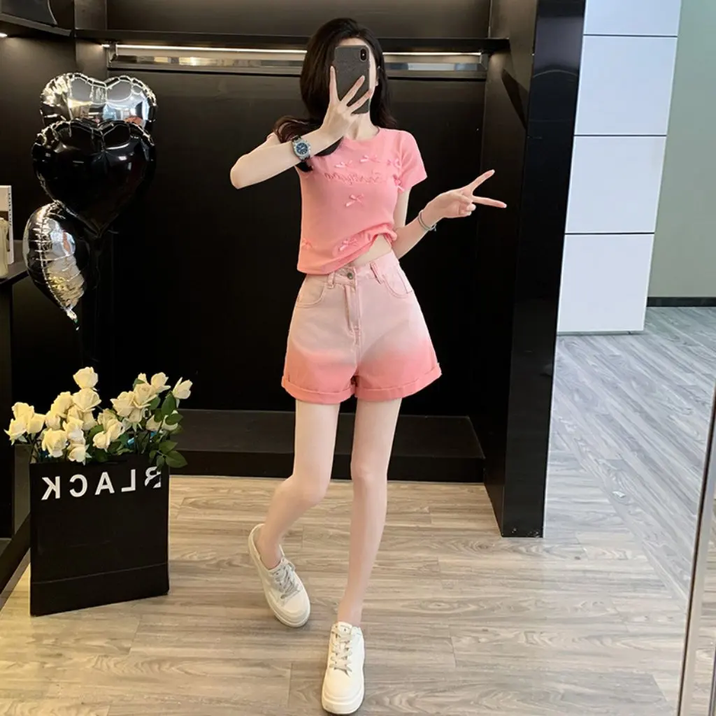 

Корейский стиль, градиентная пудра, завиток, топ с высокой талией, утягивающие широкие шорты, модный комплект из двух предметов для женщин