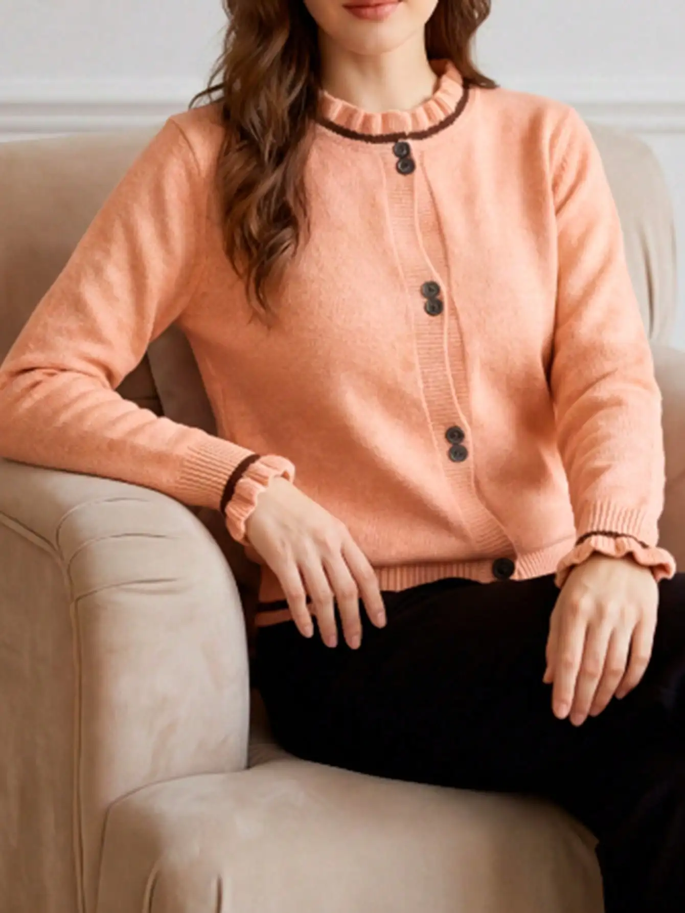 Women Plus Size Cardigan Sweater Ruffle Trim Contrast Color Button Up Knit Top Soft Long Sleeve Autumn Winter Casual Elegant