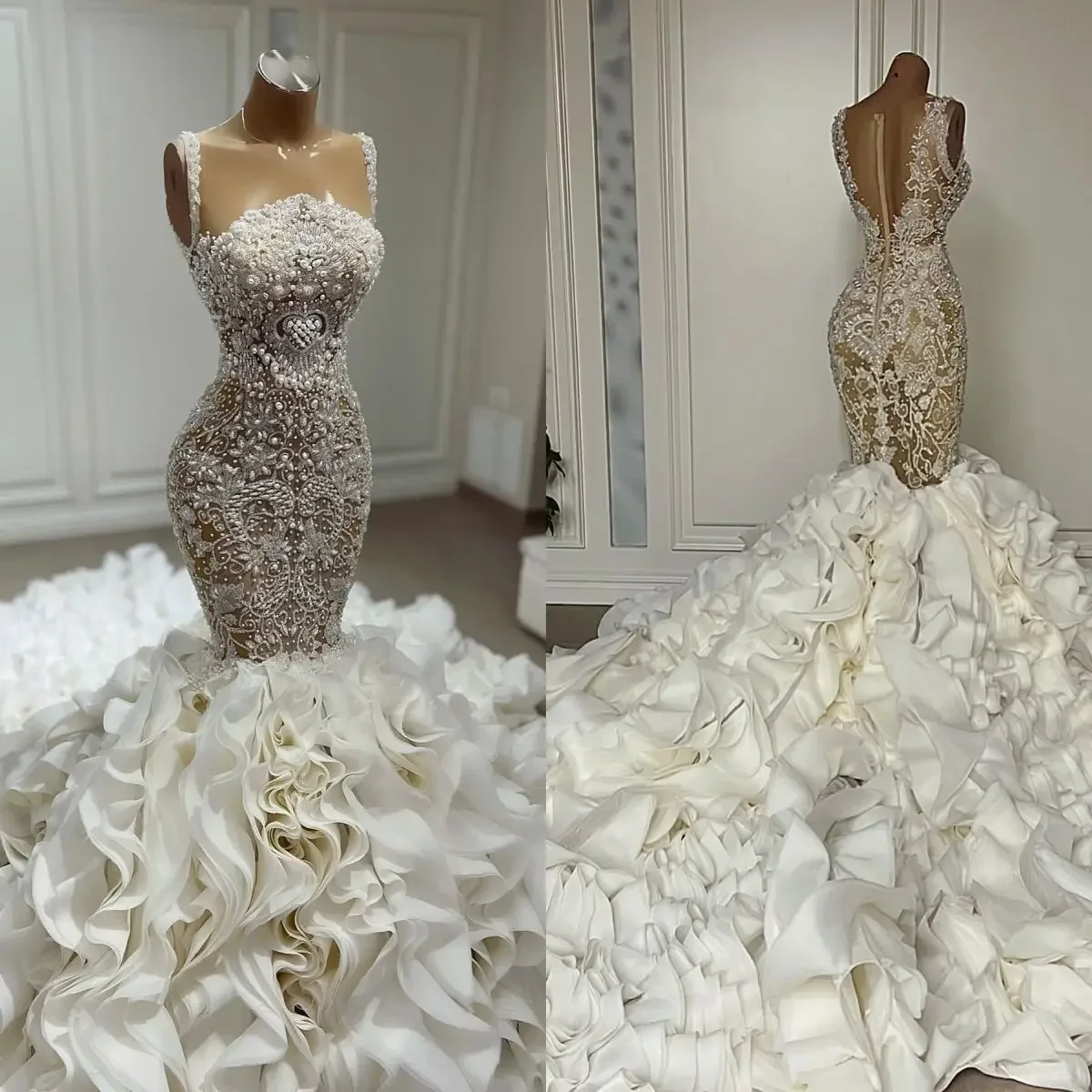 

Customized Mermaid Bride Gowns Pearls Appliques Wedding Dress Spaghetti Straps Tiered Puff Train Made Bride Dresses Sweep Train