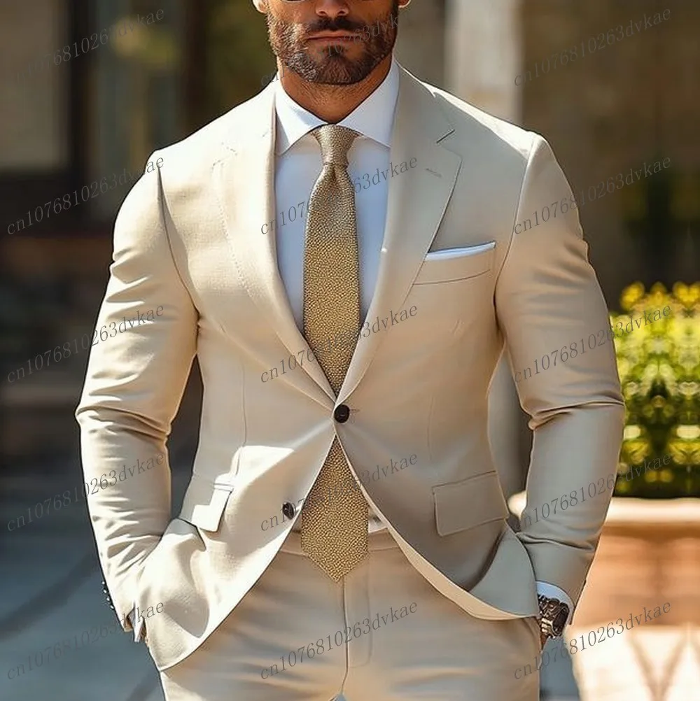 

New Beige Business Men Suit Groom Groomsman Wedding Party Prom Formal Occasion Male Tuxedos 2 Piece Set Blazer Pants