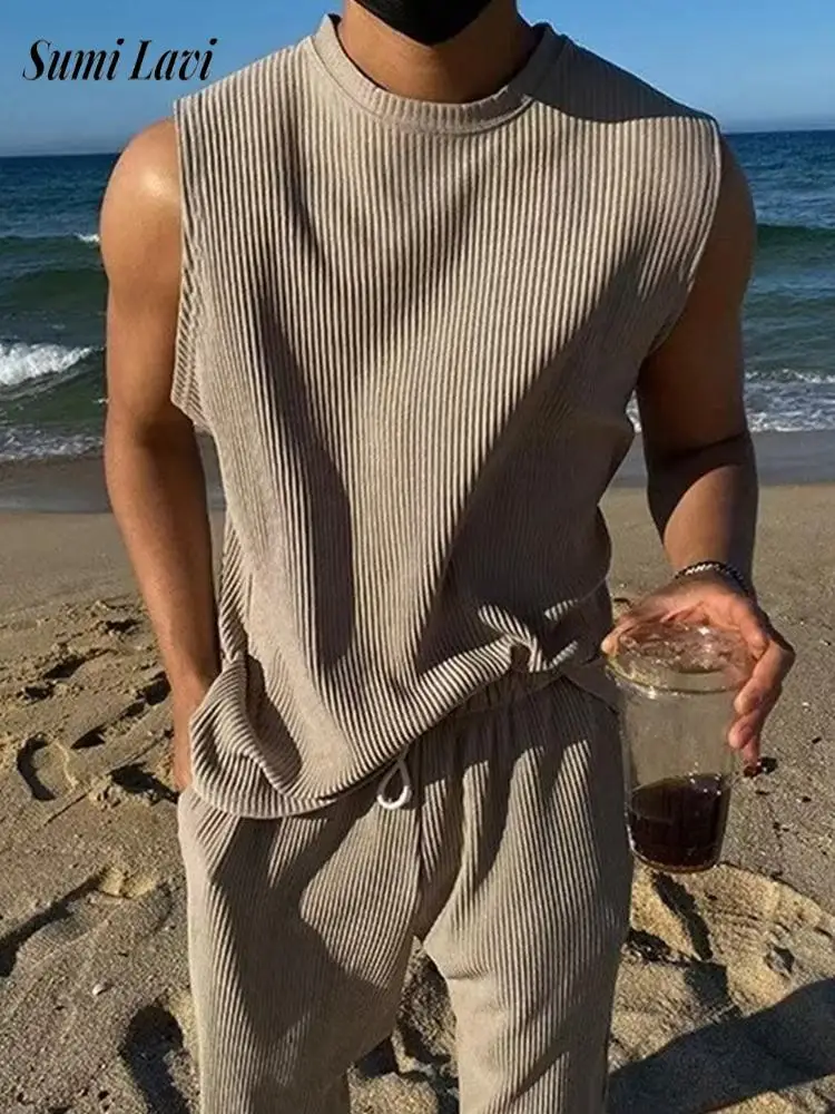 

Fashionable Men's O Neck Tank Tops And Pants Sets 2025 Summer Casual Solid Color Ribbed Two Pieces Suits Men Vintage Tracksuits