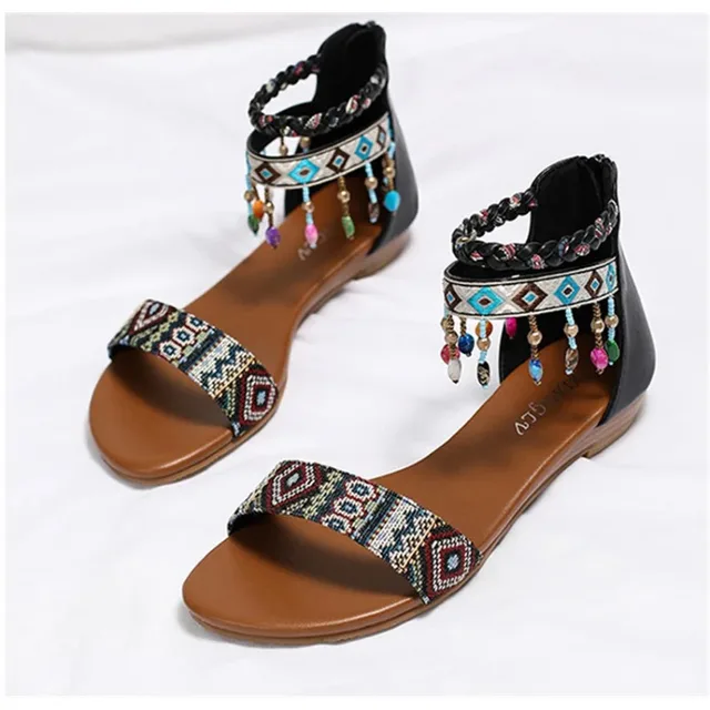Sandalias romanas planas estilo bohemio hechas a mano con cuentas