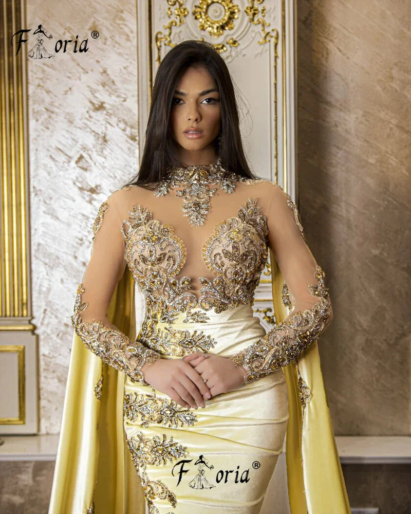 Robes de soirée sirène en velours avec perles de cristal, manches longues, cape jaune, appliques de Dubaï, robe de soirée de mariage, luxe