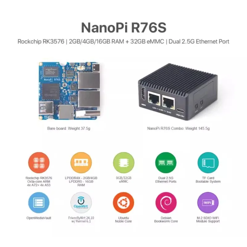 Freundliches Nano Pi R76S RK3576 Entwicklungsboard LPDDR5 Dual 2.5G Netzwerkanschluss HDMI AI Deployment
