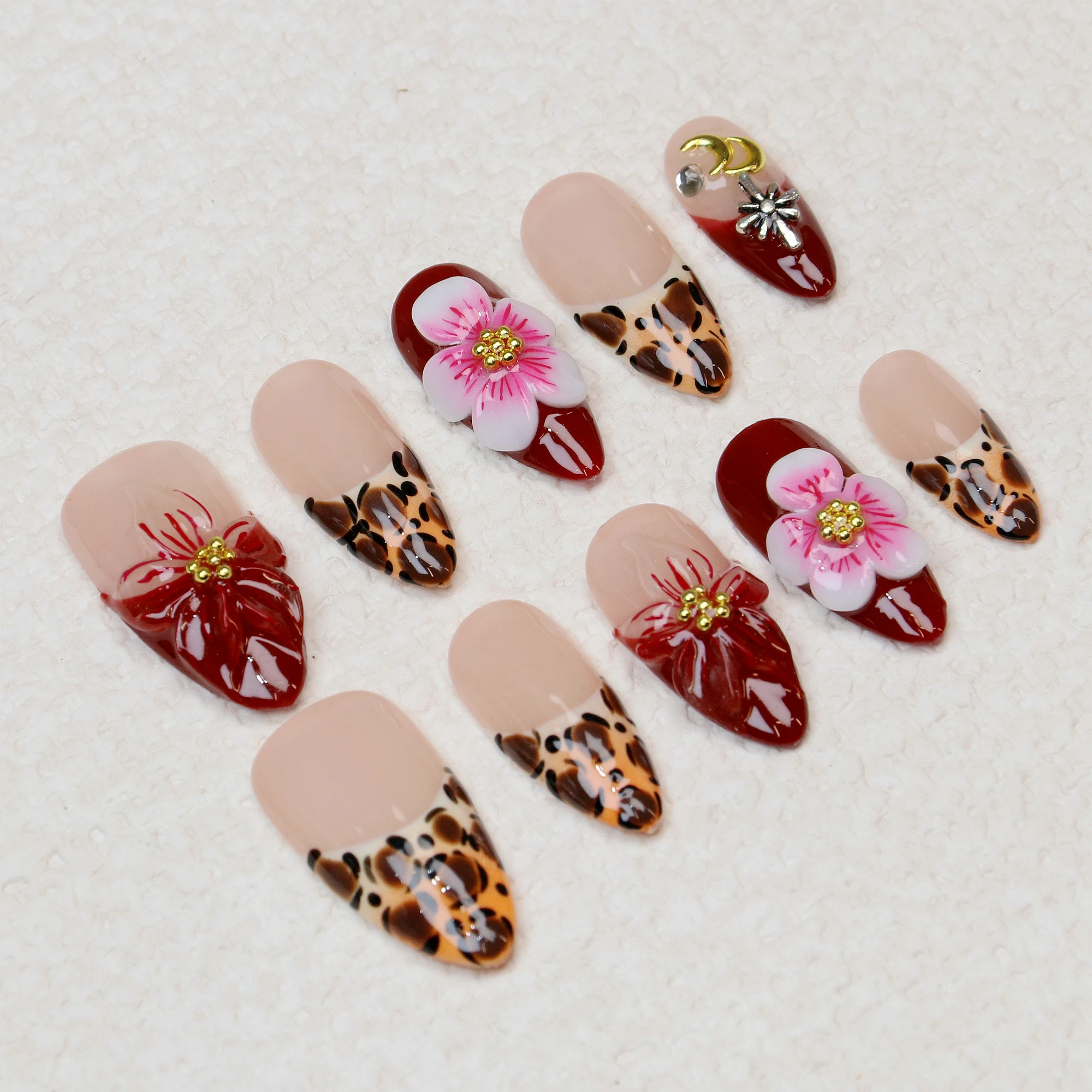 10Pcsred Custom Medium Almond Manicure  Flower Wedding Party press on nails y2k Japanese Fake Nail for Birthday Holiday gift