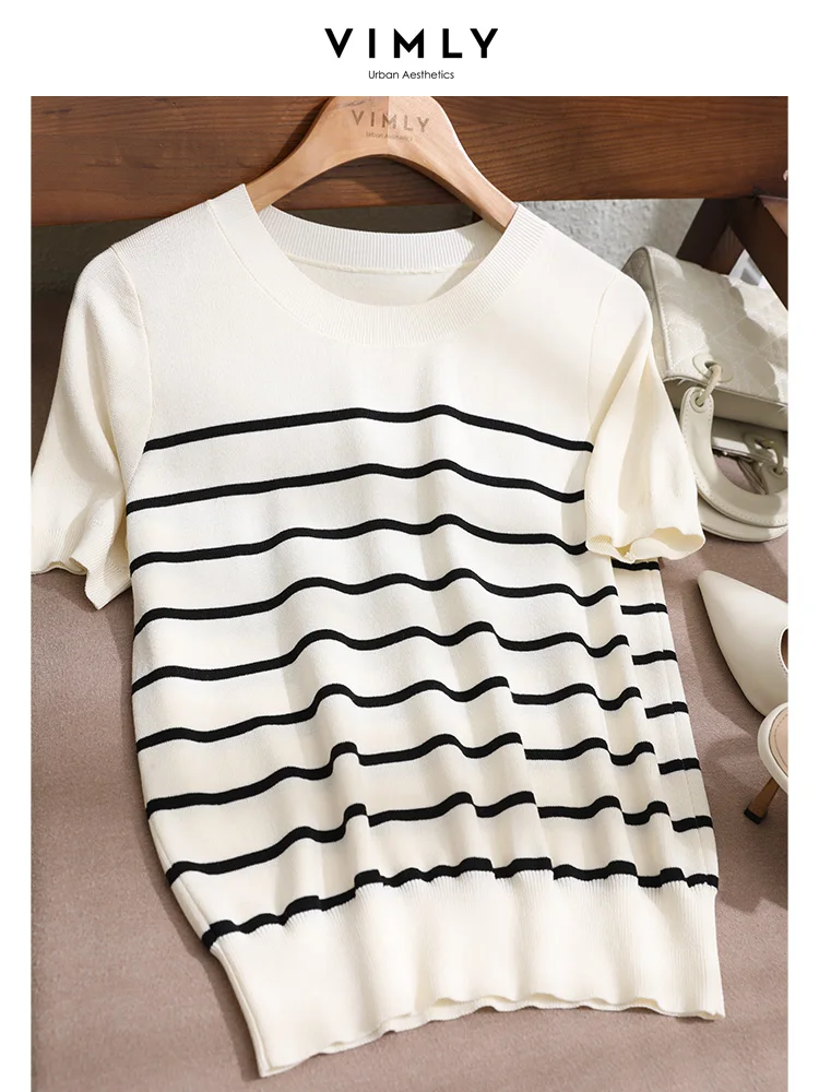 Vimly Summer Striped Sweater for Women 2024 O Neck Pullover Short Sleeve T-shirts Soft Thin Loose Basics Knitted Top Knitwear