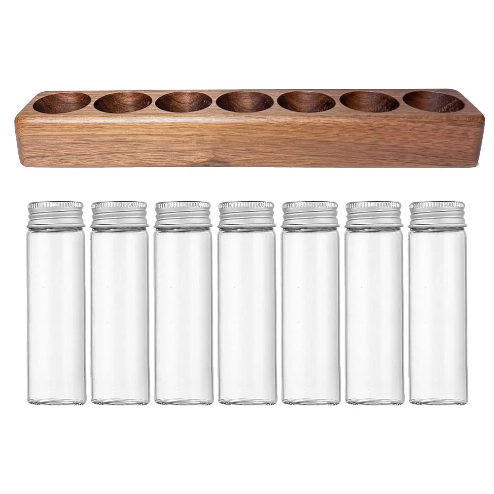 

1 Set Bean Storage Rack 7-Hole Wood Display Stand Glass Sealed Jars Multi-Function Dispenser Tube Clear Bottles For Home Office