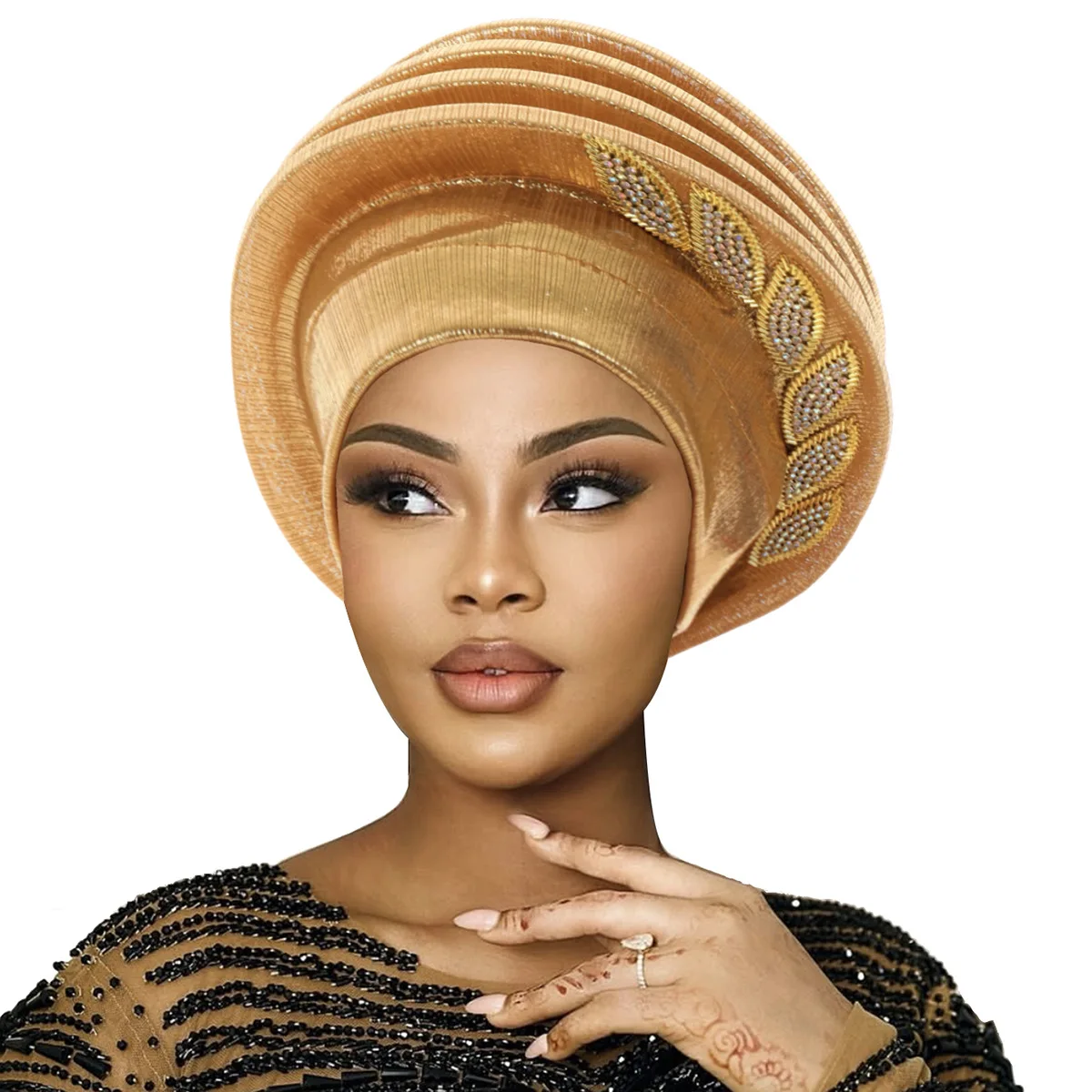 Boina en espiral con hojas y diamantes para mujer, turbantes africanos para la cabeza, boinas femeninas, turbante, tocado nigeriano, Gele para fiesta de boda
