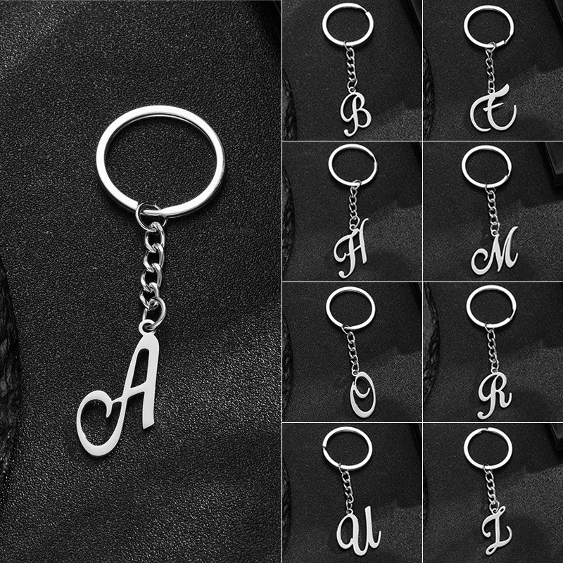 Initial 26 Letter Stainless Steel Metal Keychains for Couple Artistic Alphabet Bag Pendant Charms DIY Accessories Birthday Gift