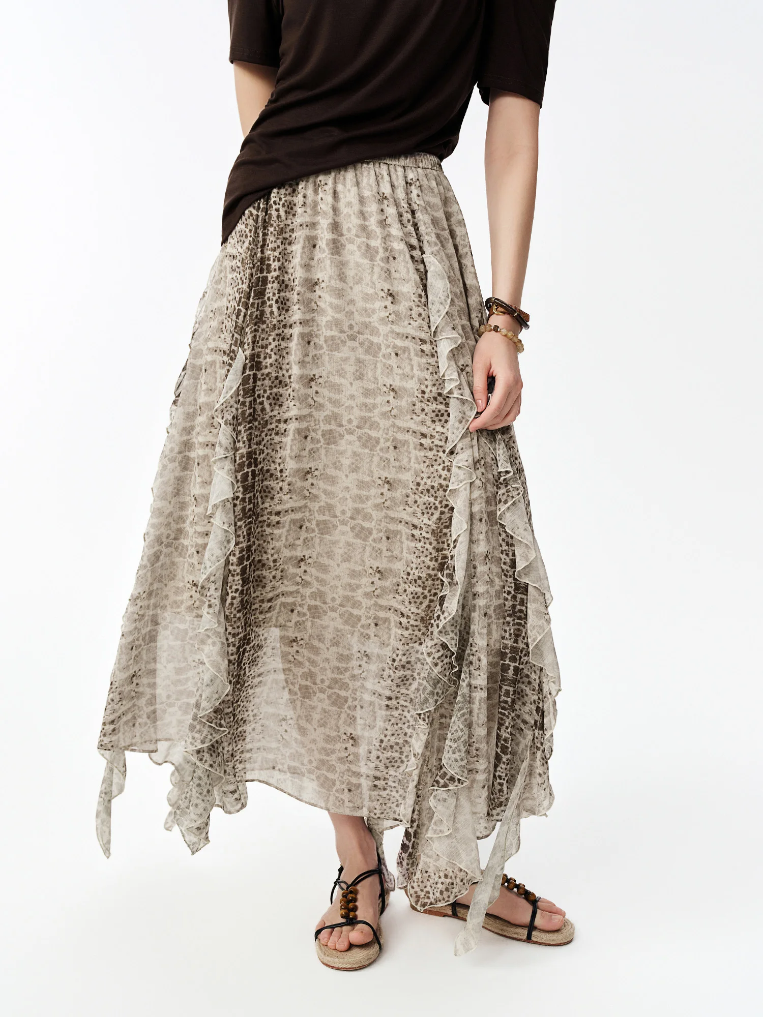 DUSHU Women's 2026 Summer New Dystopia Style Leopard Print Midi Skirt Multi-Layer Ruffled Hem Skirt Multiple Sizes Available