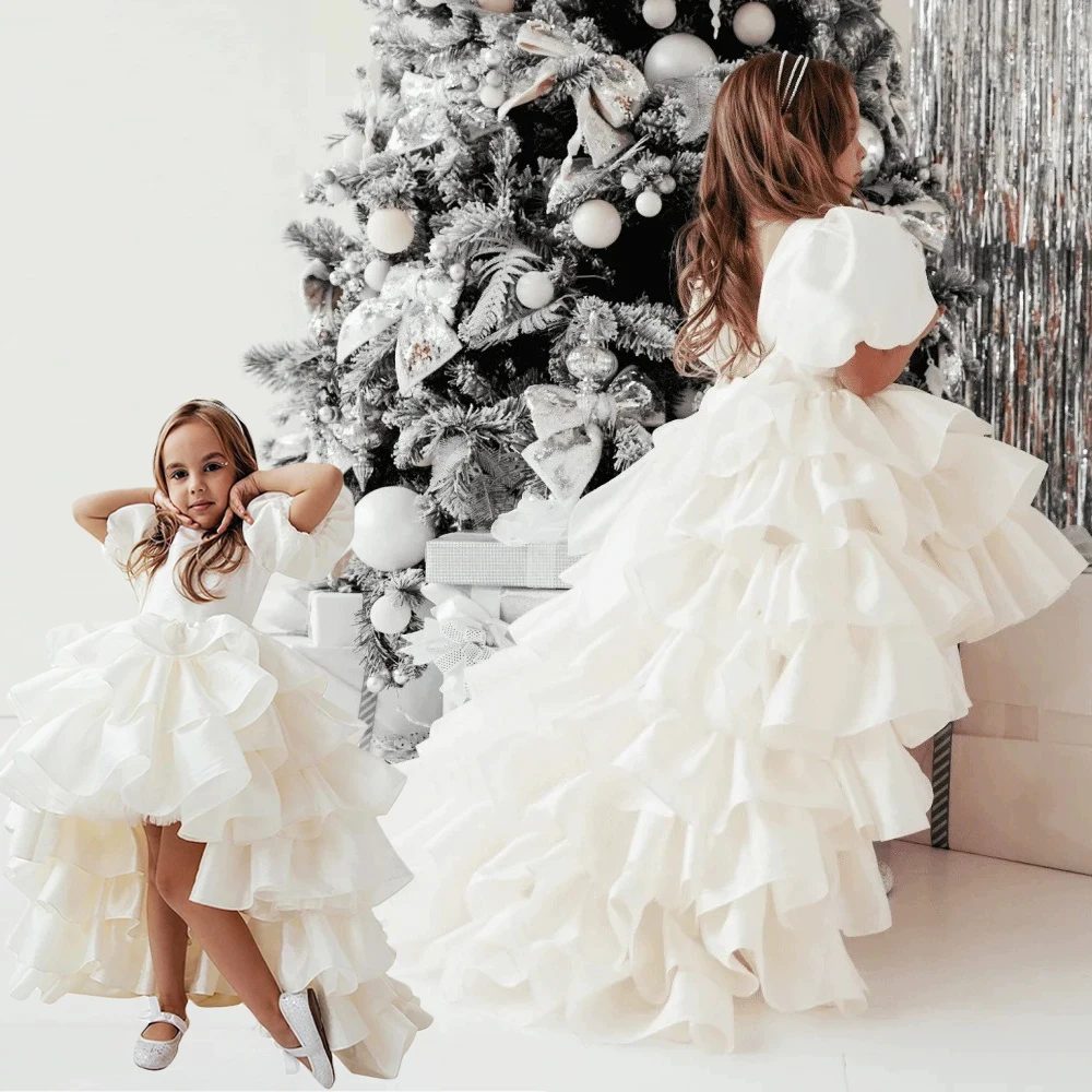 

Необычное платье принцессы с пышными рукавами для маленьких девочек, элегантное платье принцессы с высокими и низкими оборками, платье для выступлений, многоуровневые платья