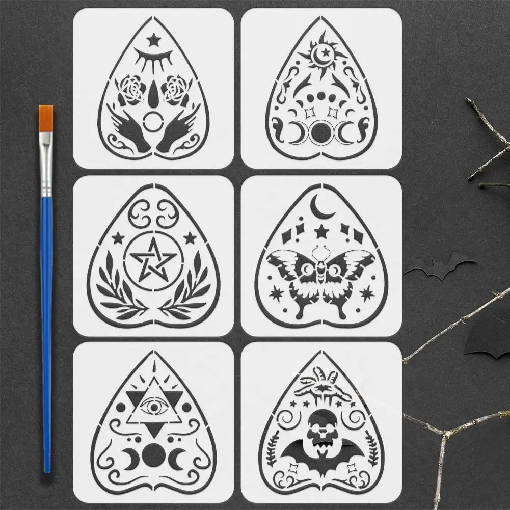 

6PCS Symbol Boards Stencils for Painting with Brush 7.9x7.9inch Moon Phases Sun Stars Template Mystical Hand Eye Stenci