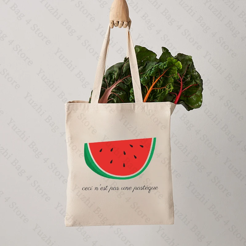 This Is Not A Watermelon Magritte Parody Watermelon Pattern Canvas Tote Bag Against War Women\'s Peace Reusable Shopping Bag