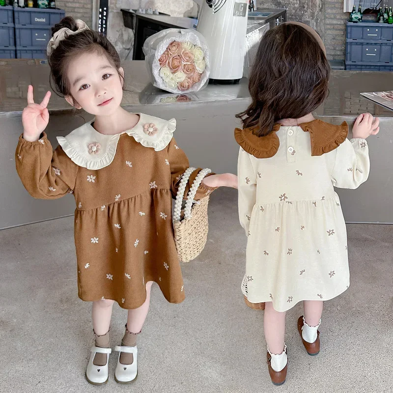 Girls\' Dress Spring and Autumn 2024 New Fashion Printed Collar Dress  Girls Clothes  Ropa De Niña 2-8 Y