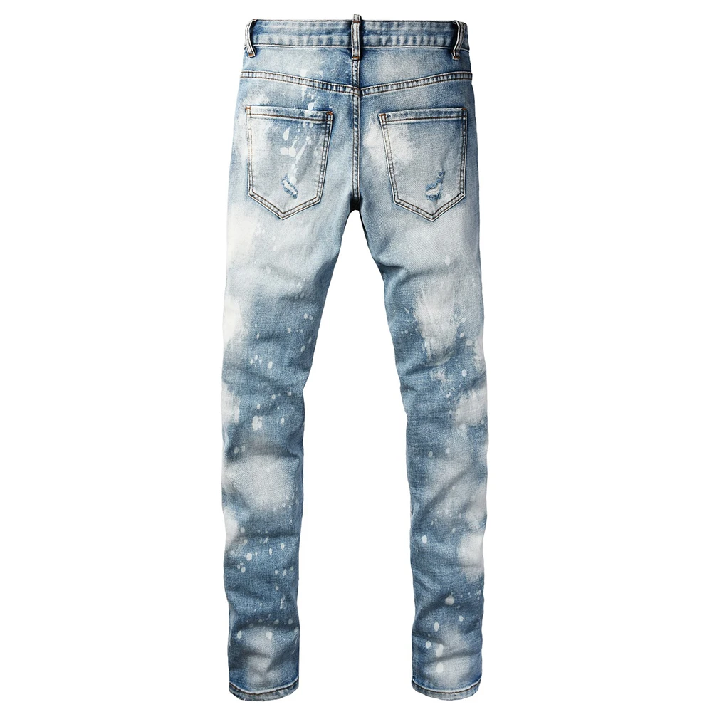 Men's Designer Style Denim Jeans Streetwear Bleach Spotted Skinny Tapered Pants Slim Fit Ripped Patch Distressed Trousers