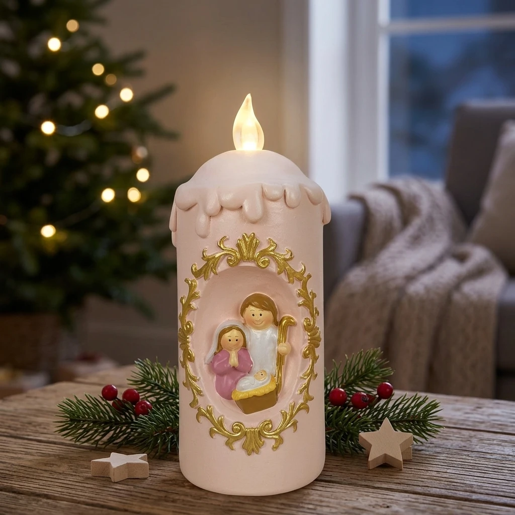 Christmas LED Lantern Pink Simulated Flame Lamp Jesus Birth Pattern Desktop Decoration Night Light Navidad New Year Gifts view 2