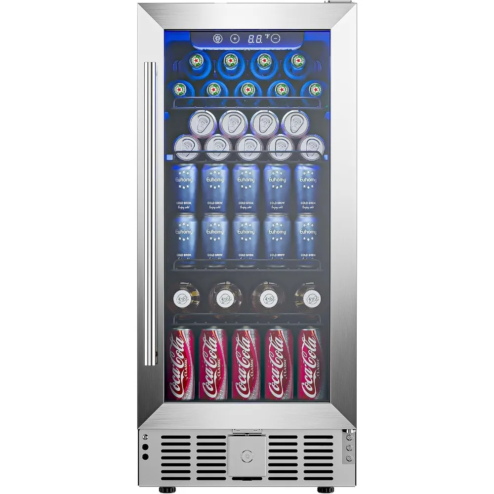 

15 inch beverage refrigerator cooler with 125 cans, built-in beverage refrigerator with glass door and LED lights