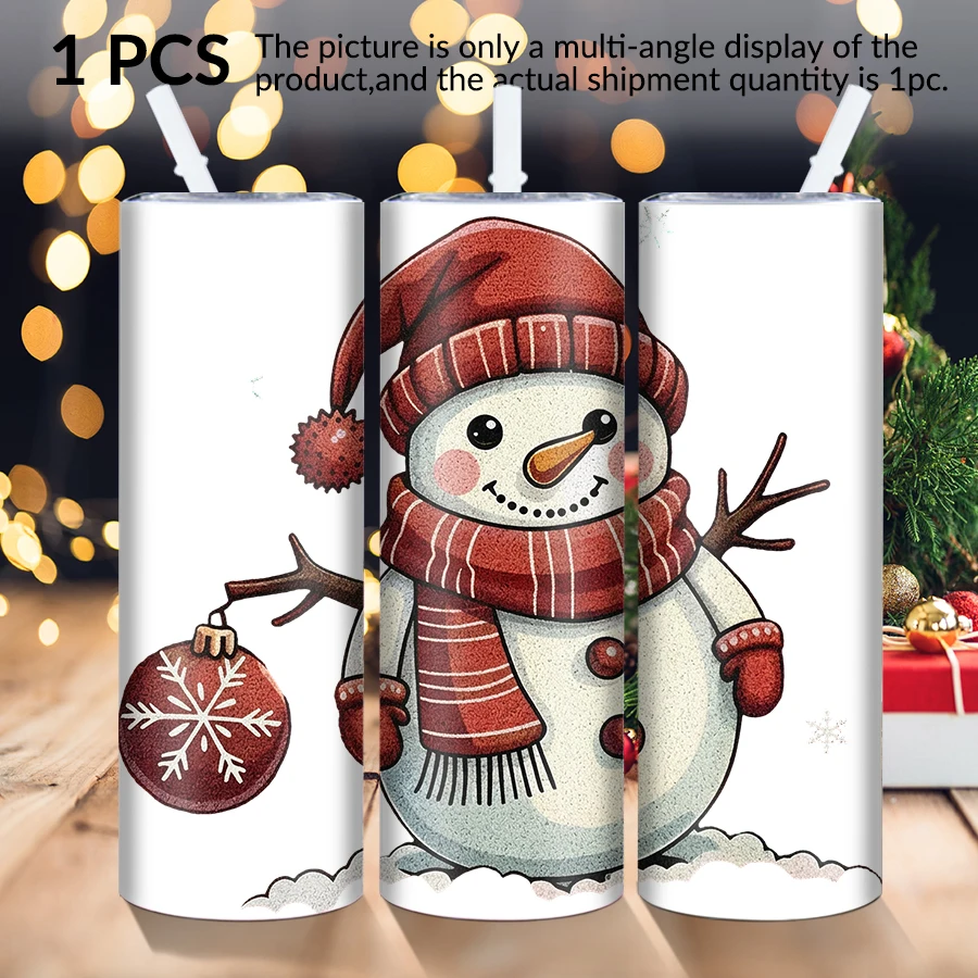 1pc 20Oz stainless steel straight cup with straw cover Christmas snowman elements suitable for Christmas and Halloween as gifts.