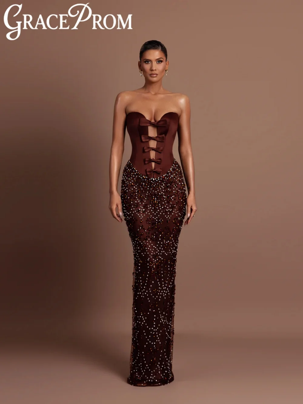 

Brown Exquisite Crystal Long Evening Dress Strapless Satin Corset Long Wedding Party Gown Customized Elegant Bow Banquet Dresses