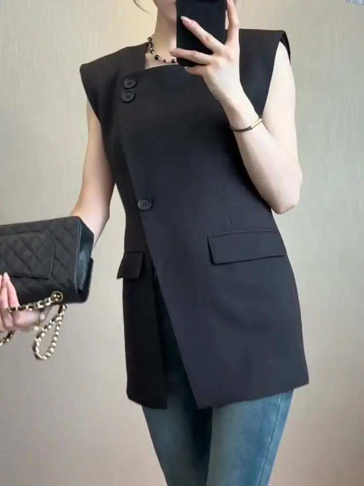 Trendy Luxury  Black Suit Vest Summer Square Neck  Wide Shoulder Waistcoat Commuter Design Split Sleeveless Top Femininas Coats