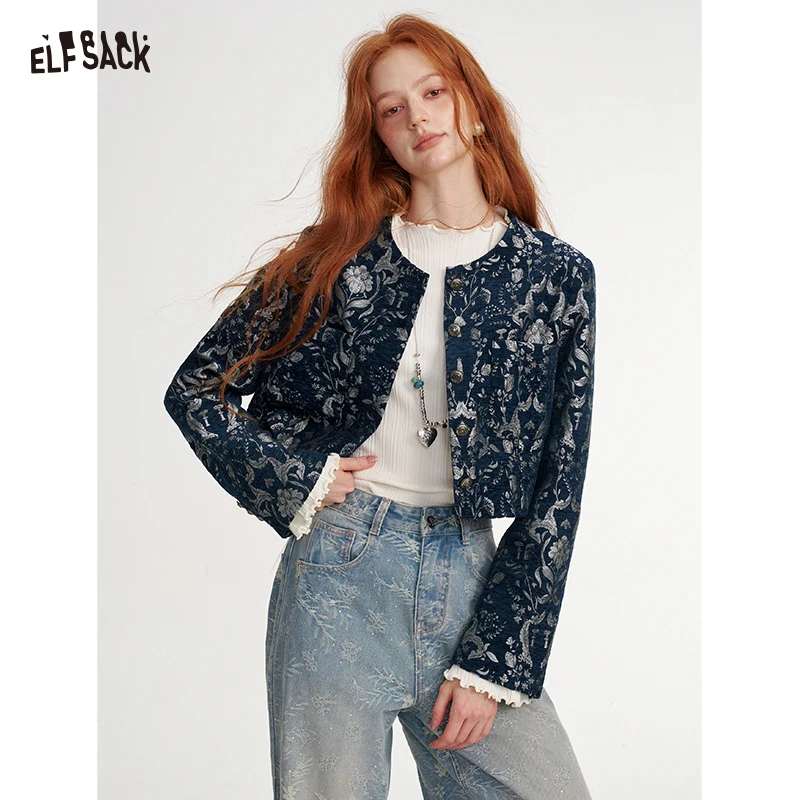 ELFSACK Neo-Chinese Floral Print Crop Jacket, Oriental Aesthetic Long Sleeve Outerwear for Everyday Wear