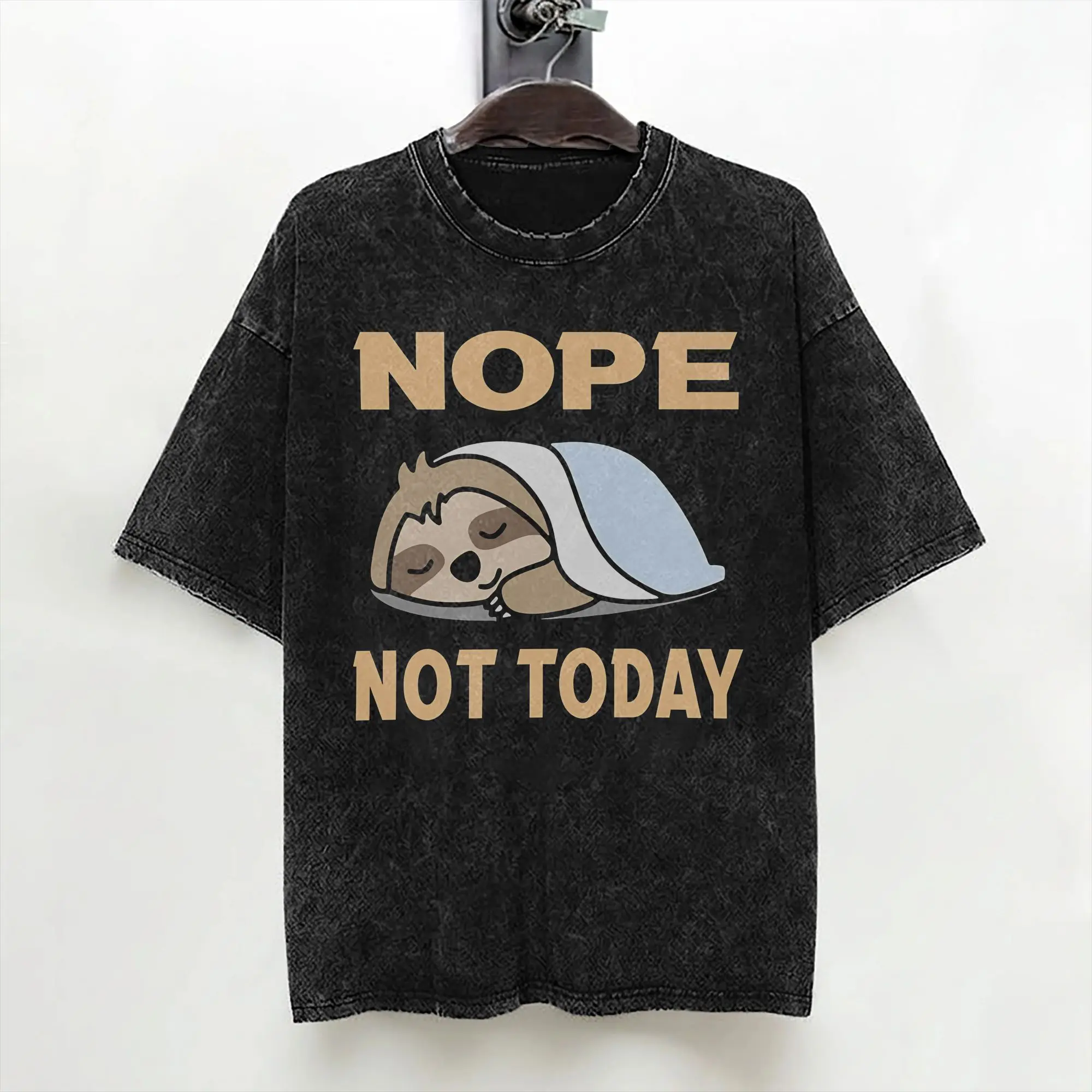 Washed T Shirt Funny Sloth Nope Not Today Sloths Lover Hip Hop T-Shirt Oversize  Streetwear Short Sleeve Printed Tees for Men