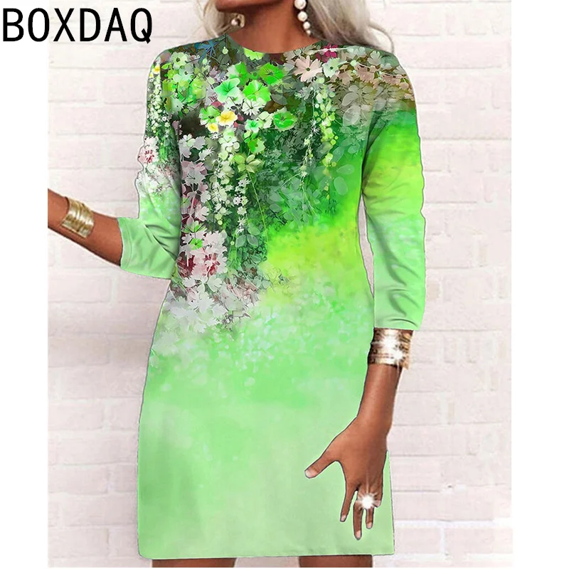 Fashion Colorful Gradient Print Dress 6XL Big Size Women Spring Long Sleeve O-Neck Casual A-Line Dress Vestidos