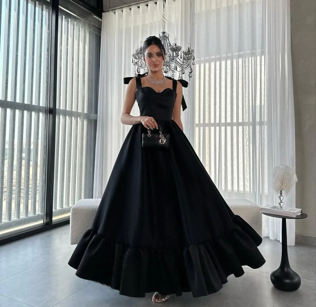 

Customized Short Black Satin Evening Dresses with Ruffles A-Line Sweetheart Ankle Length Pleated Prom Dress for Women