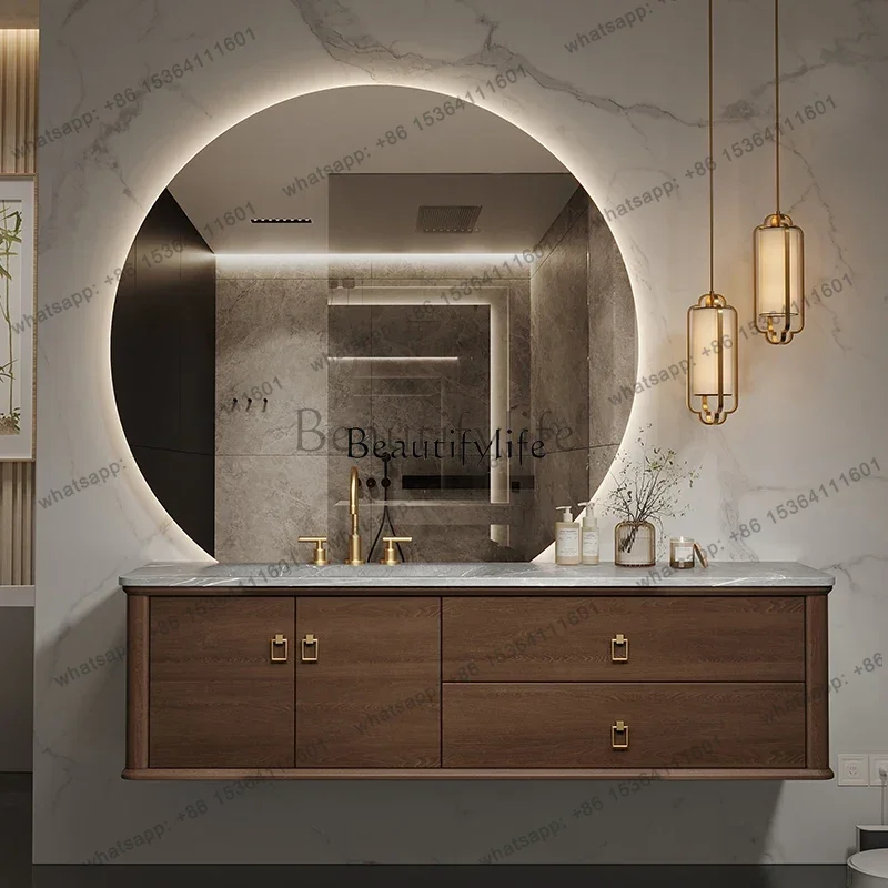 ls42Walnut bathroom cabinet combination new Chinese bathroom washstand rock slab hot bending integrated basin wash