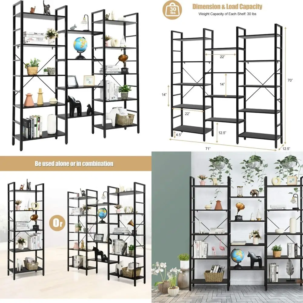 Тройная широкая 5-ярусная книжная полка в винтажном индустриальном стиле, большая открытая витрина и стеллаж для хранения с металлическими акцентами