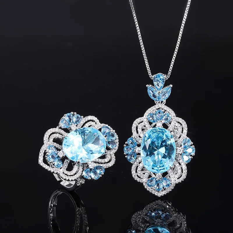 

2023 New Fashion Topaz Gemstone Flower Shape Pendant Necklace Matching Rings Women High Quality Jewelry Wedding Anniversary Gift