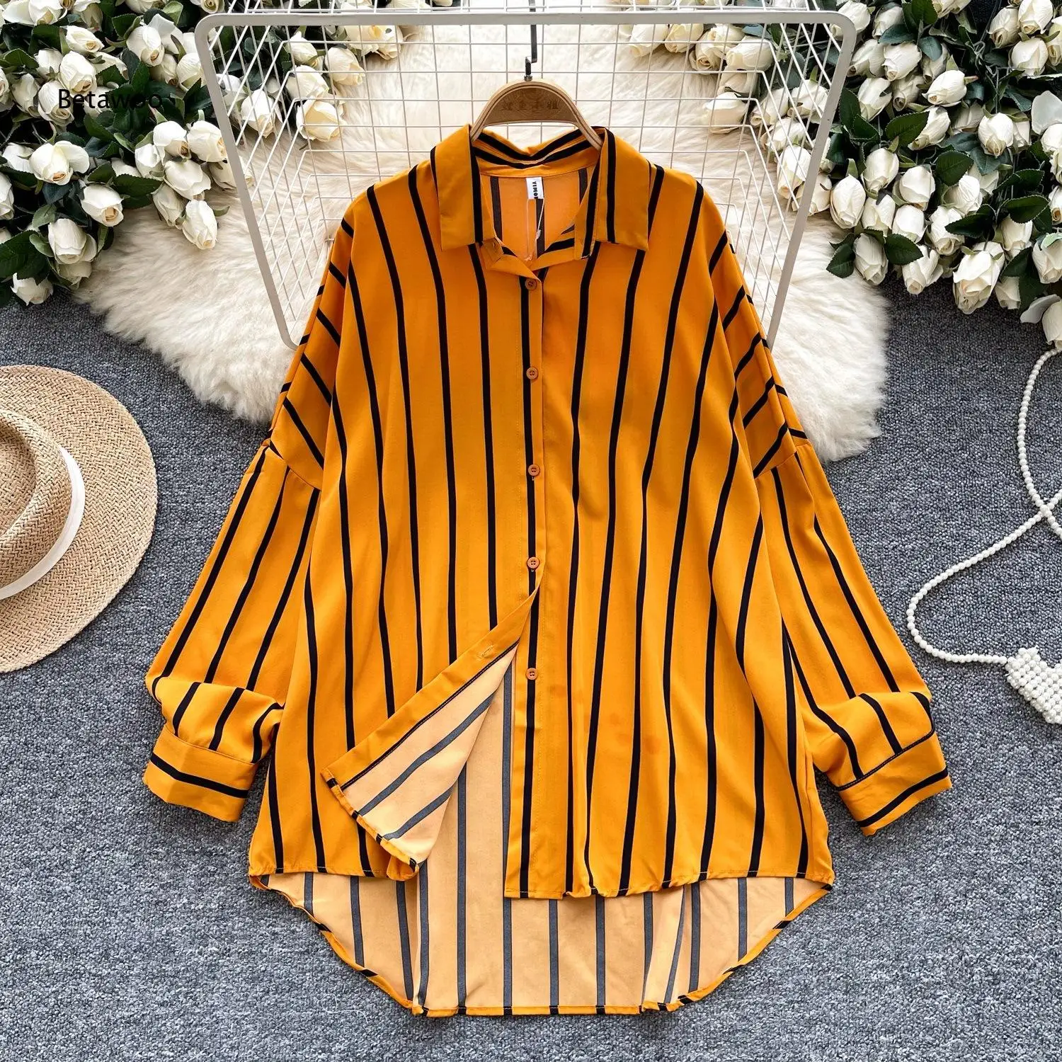 

Casual Oversized Collared Vertical Stripe High Low Shirt