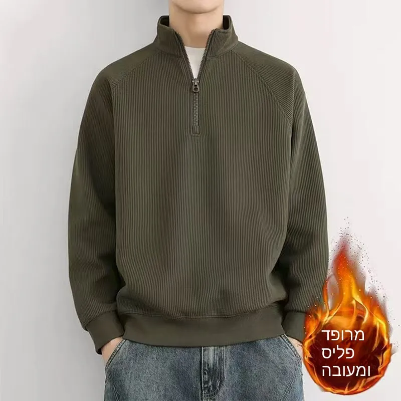 

Trendy Half Zipper Stand Collar Sweatshirt Men's round Neck Spring Autumn New Simple Loose Overhead Male Model Cotton Polyester