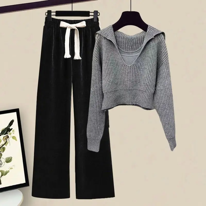 Fashion Women's Set Spring and Autumn Korean Knitted Sweater Casual Wide Leg Pants Age Reducing Two Piece Set