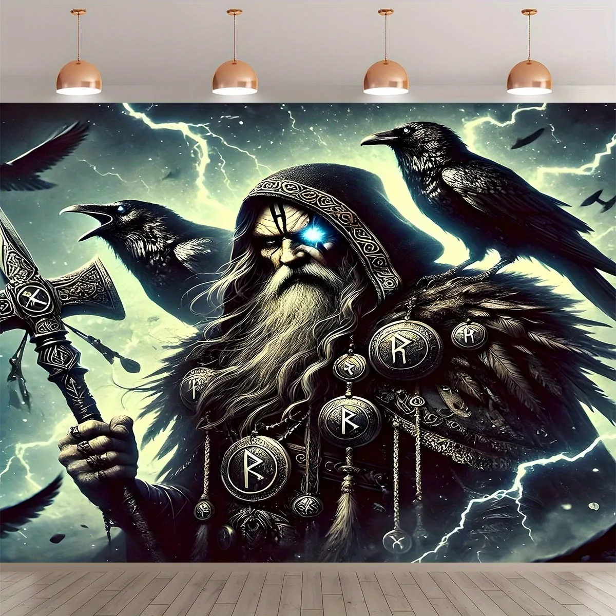 Epic Dark Fantasy Wizard Tapestry Wall Mural Gothic Decor Sorcerer King Ravens Lightning Magic Room Hanging Art
