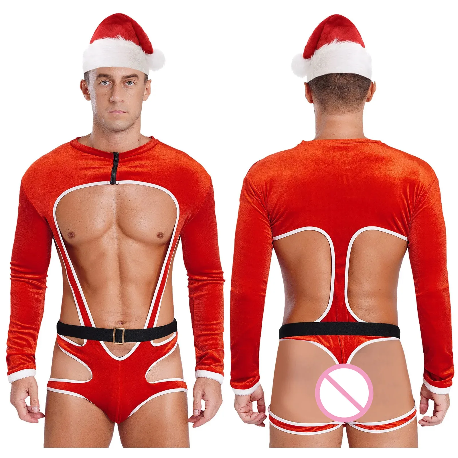 Costume da Babbo Natale sexy da uomo con cappello da Babbo Natale a maniche lunghe con stringhe Set da uomo Mankini Christmas Outfit