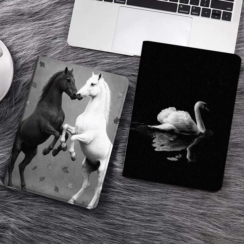 

Black White Horse Leaves Tablet Case For Samsung Galaxy Tab S7 S8 S9 S10 FE Lite Gift
