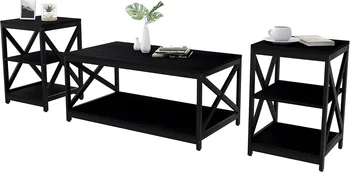 Image Design Coffee Table and 2 End Side Tables, 3 Piece Living Room Table Set with Large Storage for Apartment Home (Black)