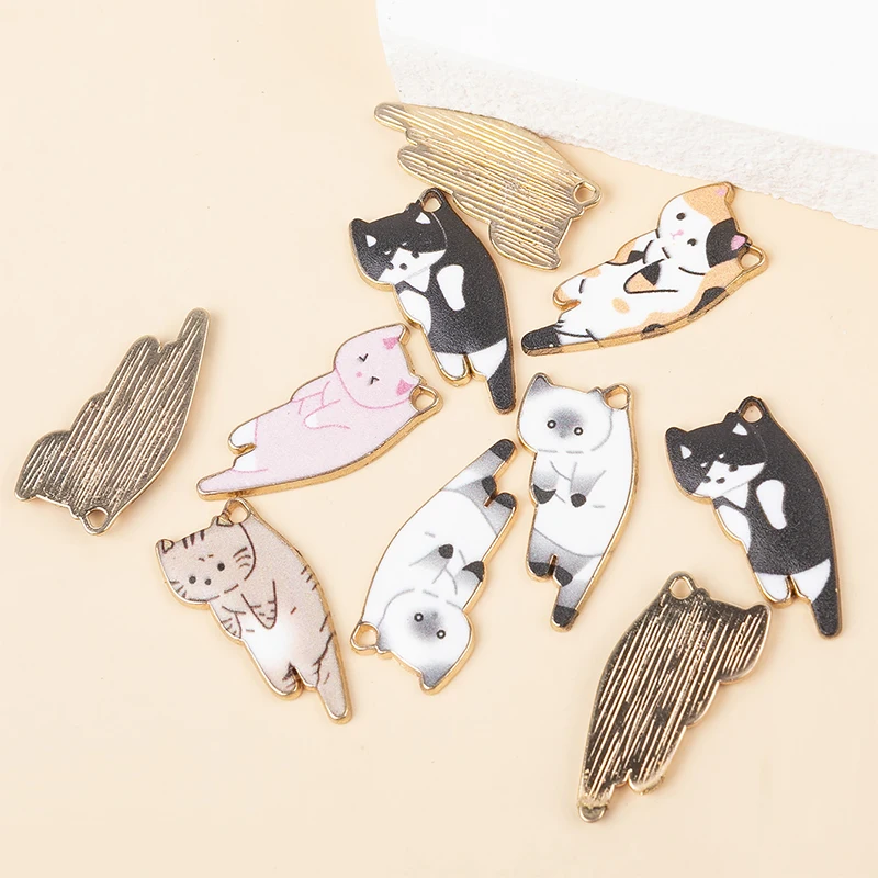10pcs/lot 25x13mm Fashion Gold Color Metal Alloy Kawaii Enamel Cat Animal Charms Pendant Fit Jewelry Making DIY Jewelry Finding
