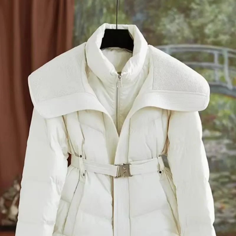 Double-Layer Collar Down Cotton-Padded Jacket Women's New Winter Short Lamb Wool Warm Parka Waist Casual  Puffer Cotton Jacket