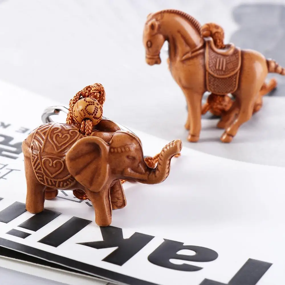 Lucky Wooden Horse Elephant Carving Pendant Keychain for Women Men Car Bag Keyring Jewelry Gift