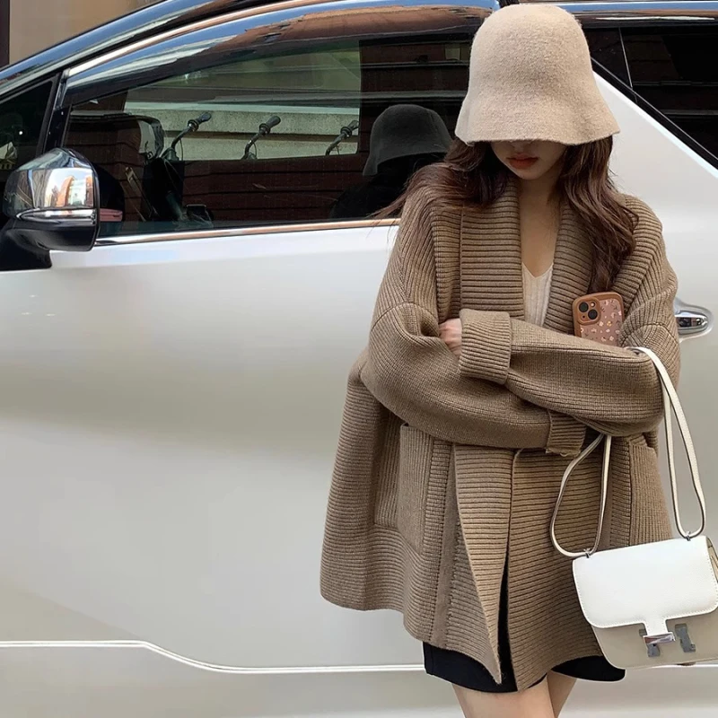 

Women's Autumn Winter Thicken Knitted Cardigan Sweaters Scarf Collar Oversized Jacket Coat Open Stitch Warm Outerwears 2023