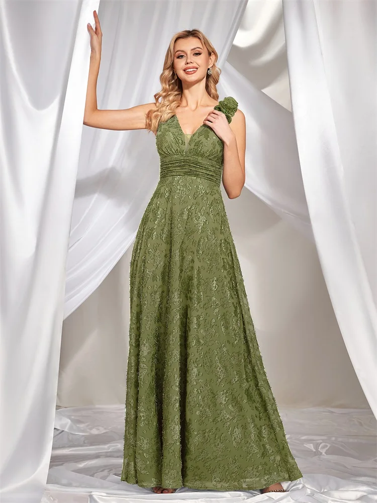 XUIBOL Elegant V Neck Green Floral Evening Dress Long 2024 Luxury Women Chiffon Sleevesless Party Dress Prom Cocktail Dress